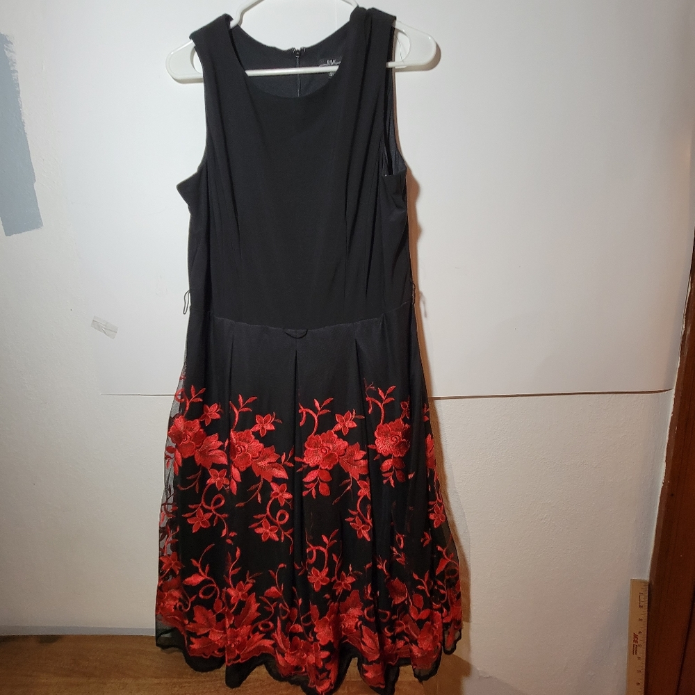 R&K Black Midi Dress with Red Floral Embroidery